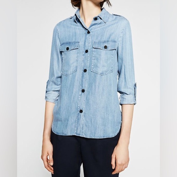 Zara Tops - Zara EUC Chambray Denim Shirt Roll Up 3/4 Sleeves Patch Pockets Size XS Blue